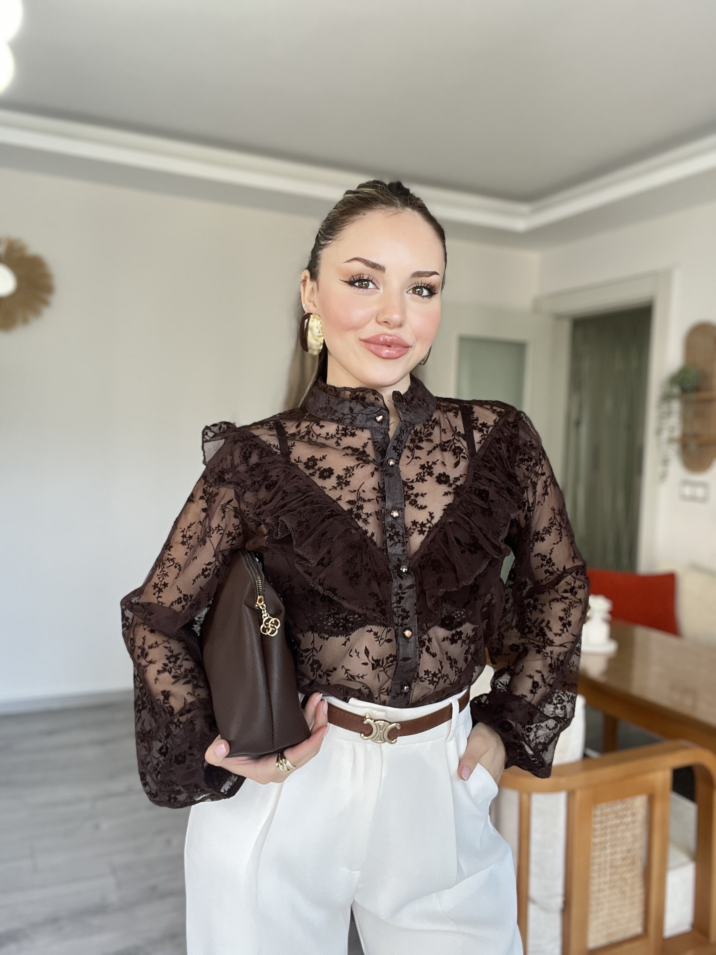 Tasarım Kahve Volanlı Organze Gömlek 
