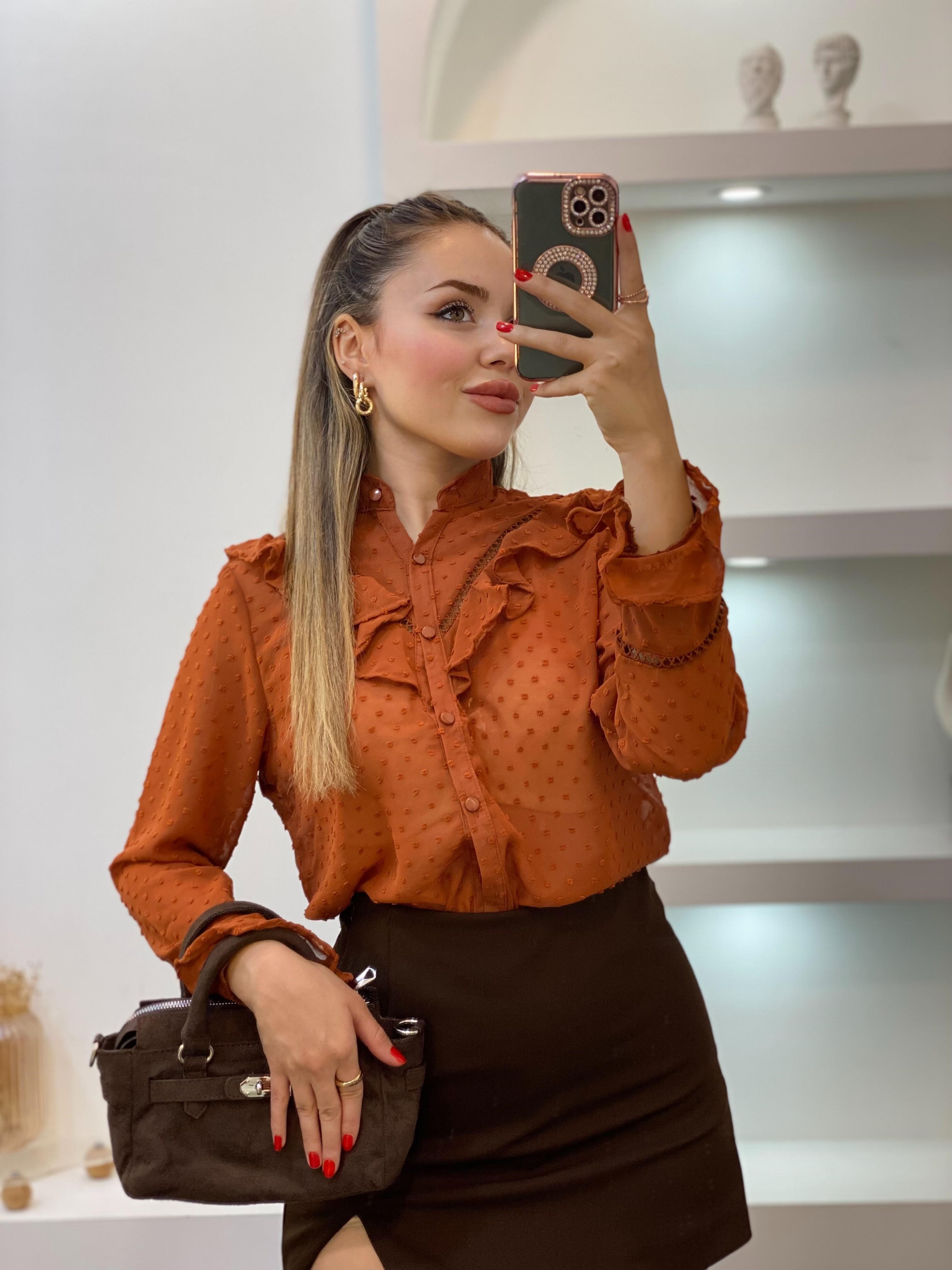Tasarım Kiremit Renk Volanlı  Gömlek 