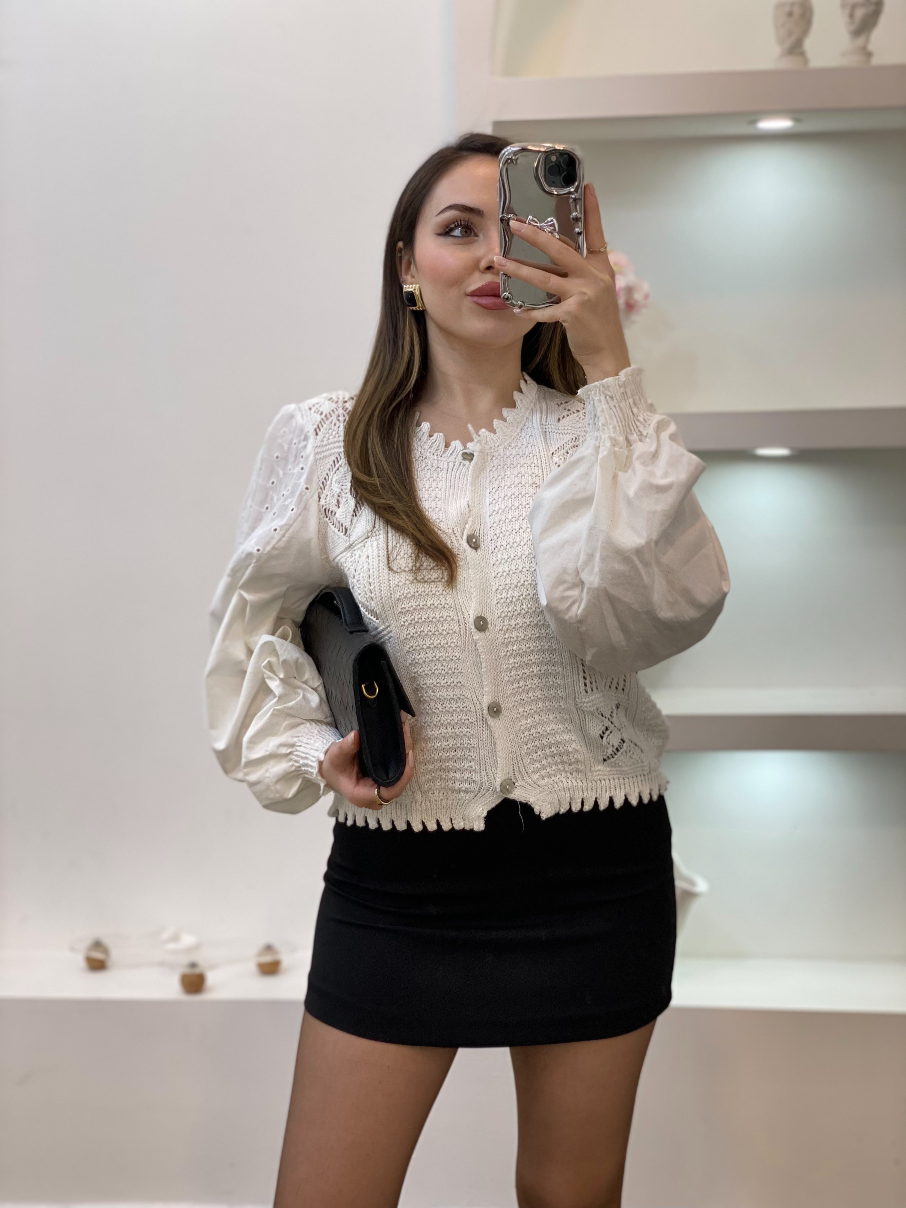 Tasarım Kolları Poplin ve Fisto Detaylı Triko Hırka 