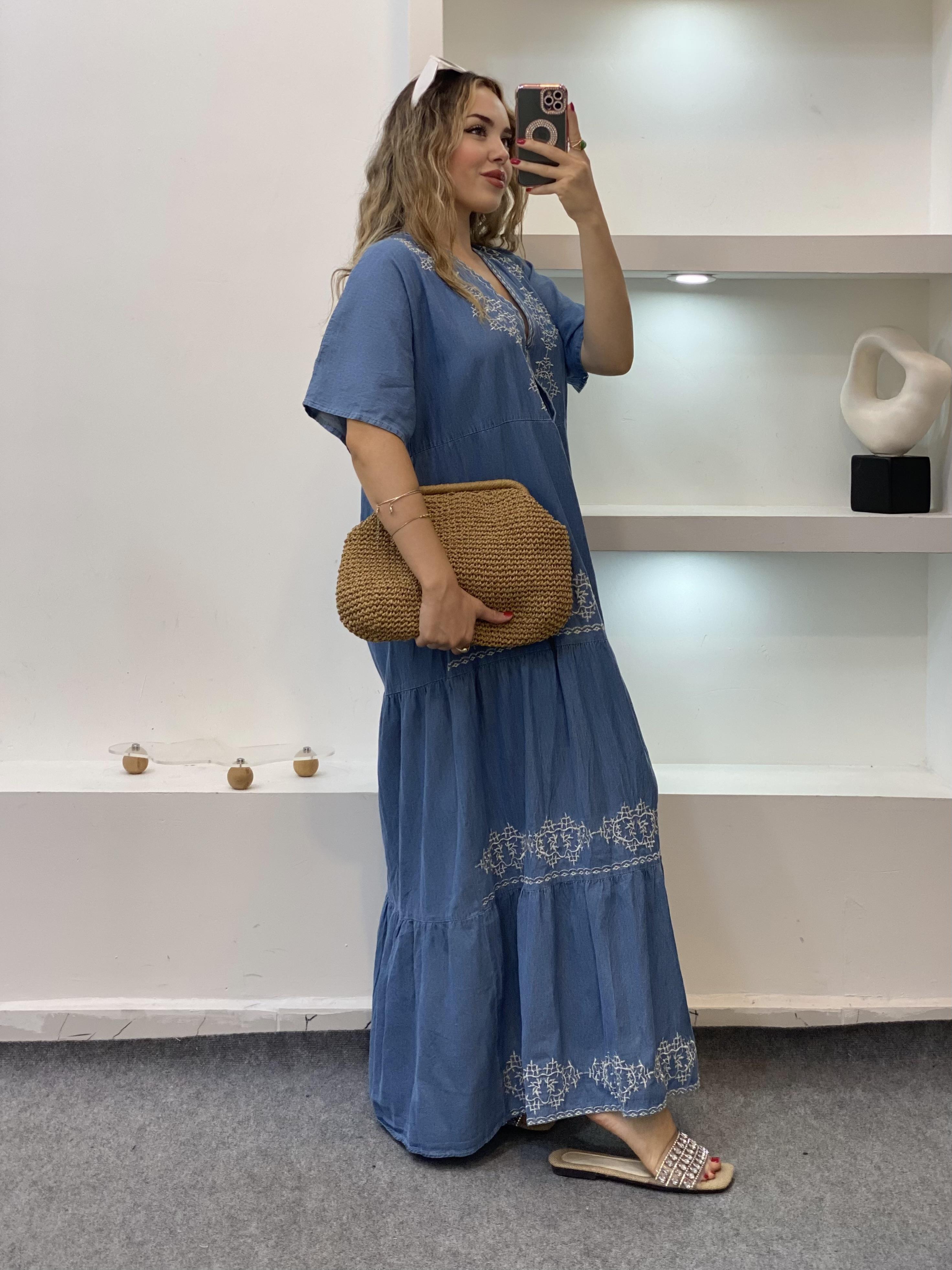 Tasarım Özel İşlemeli Detay Salaş Model  Jean Elbise