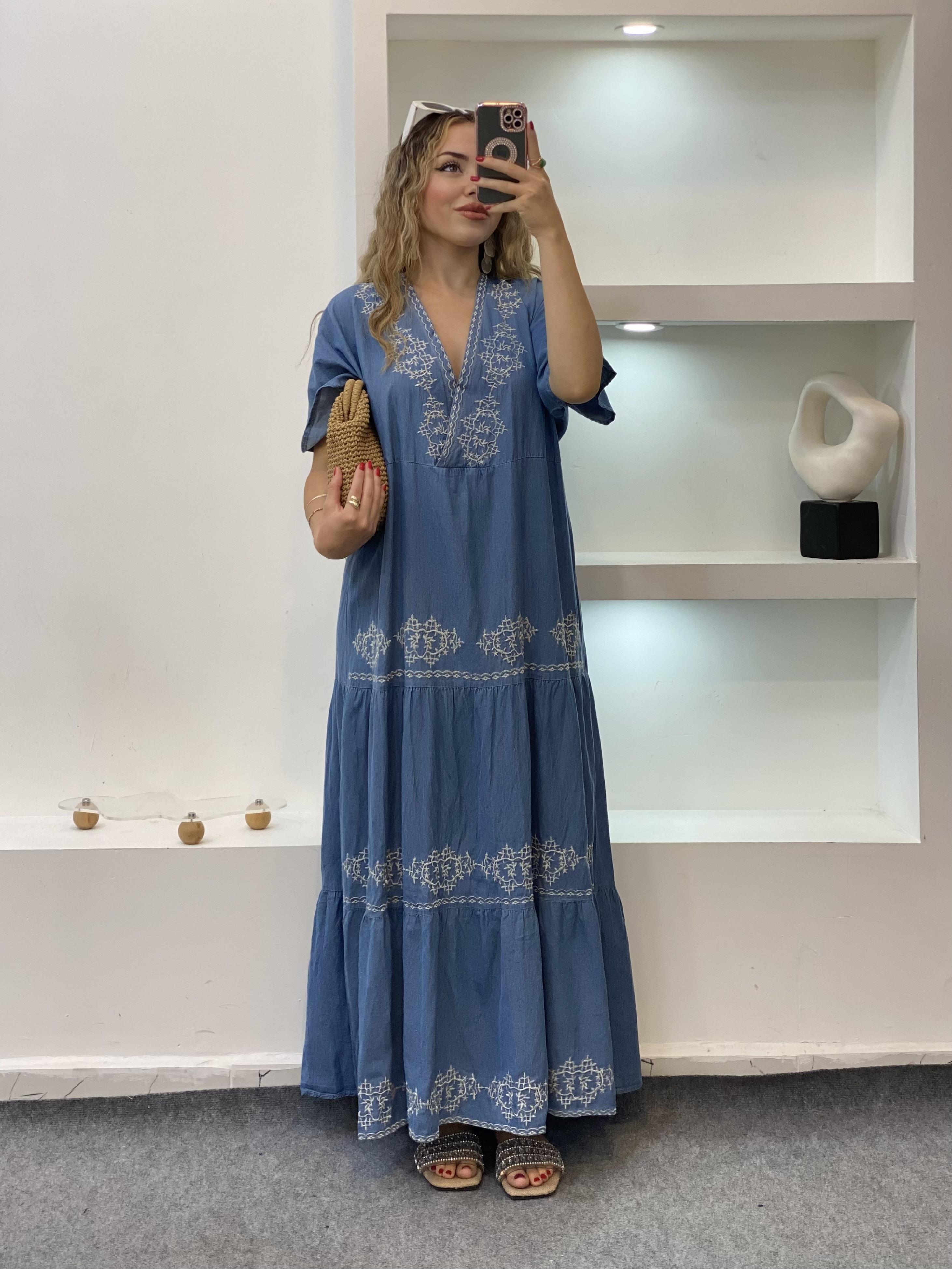 Tasarım Özel İşlemeli Detay Salaş Model  Jean Elbise