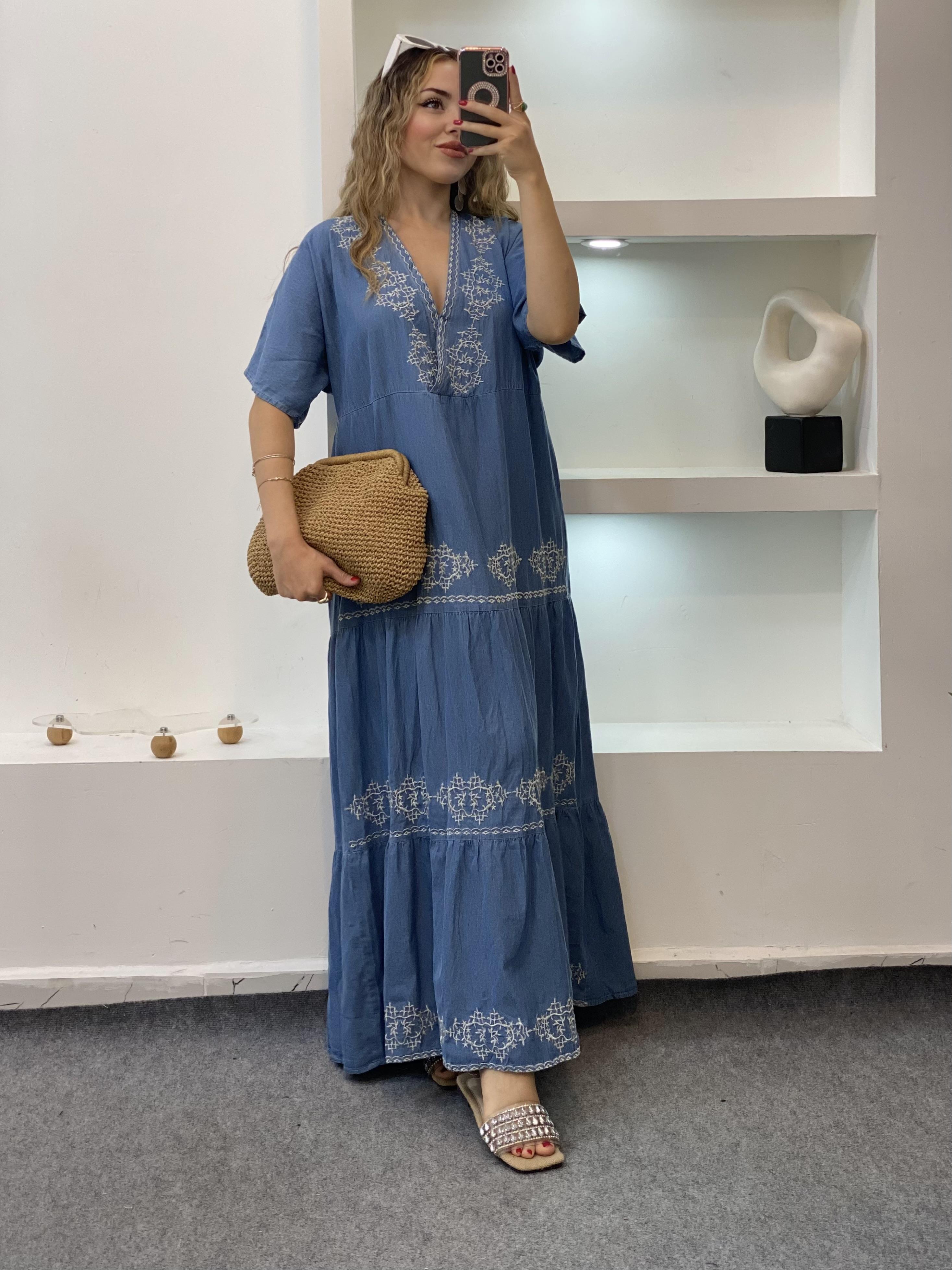 Tasarım Özel İşlemeli Detay Salaş Model  Jean Elbise