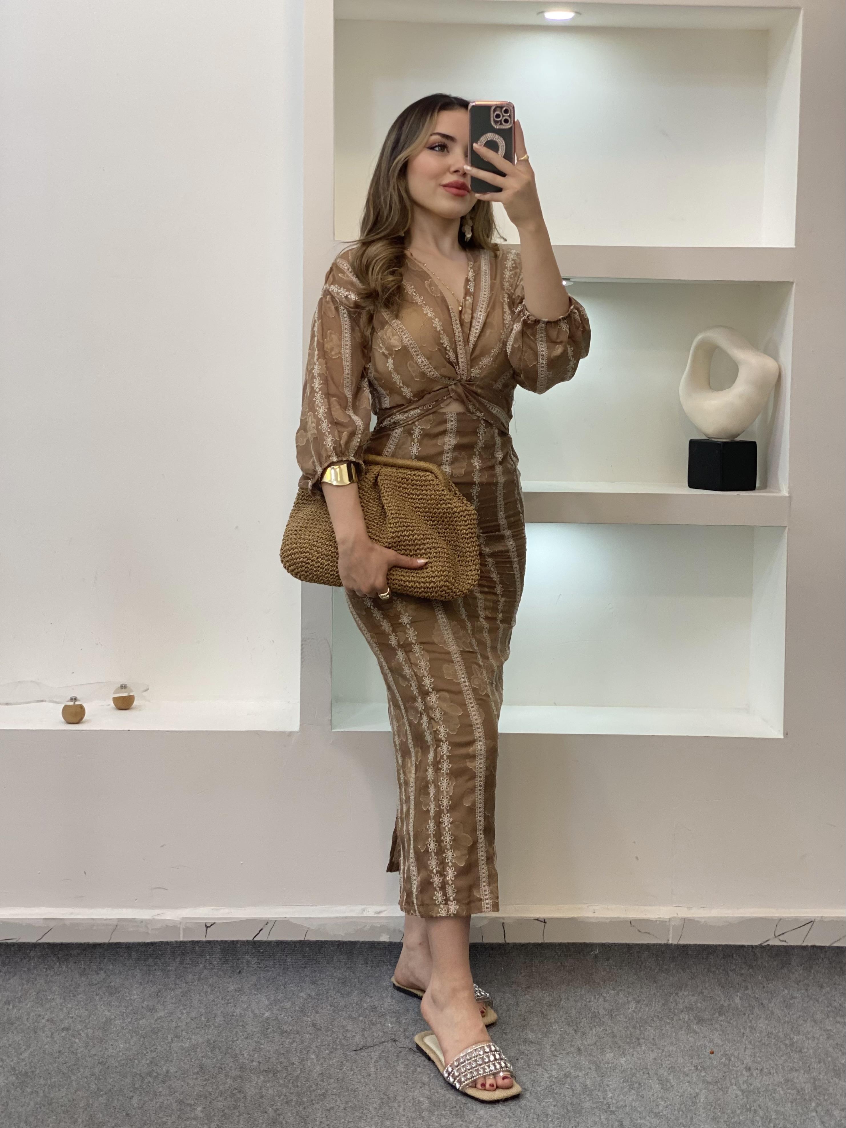 Tasarım Premium Kalite Kahve Nakışlı Mini Dekolteli Elbise