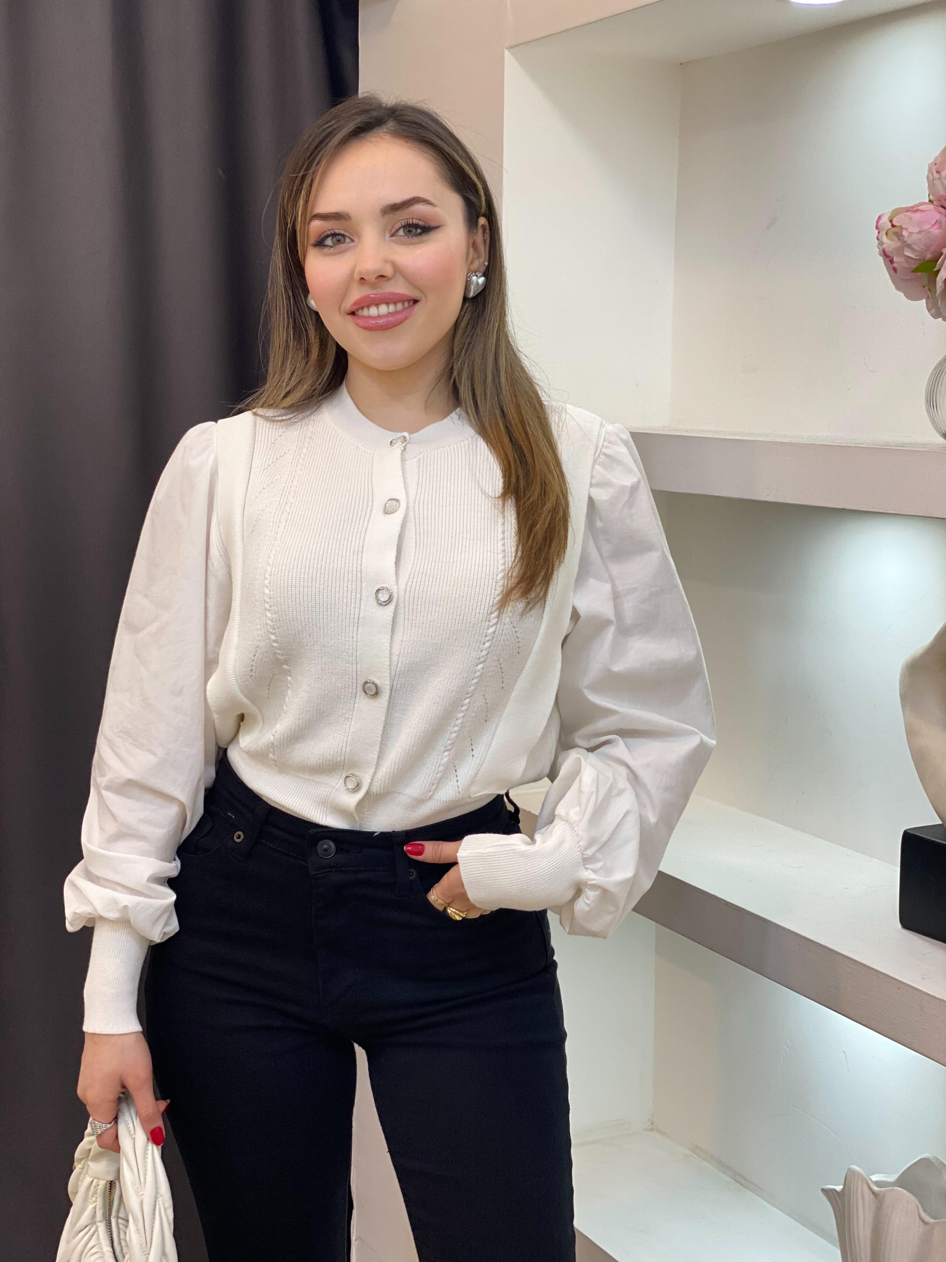 Tasarım Sedef Düğmeli Beyaz Kolları Poplin Elit Triko Hırka 