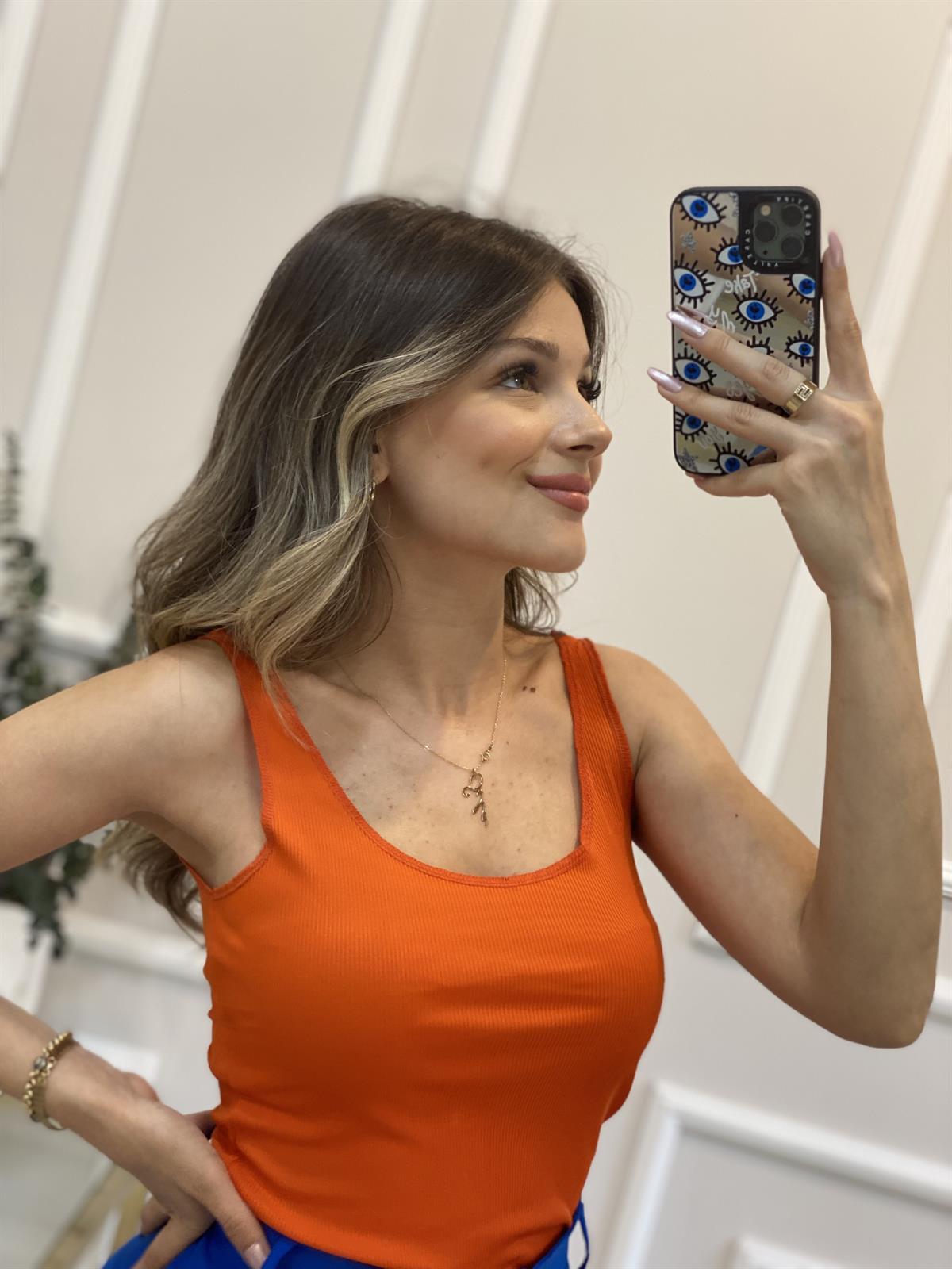 Turuncu Dikişli Askılı Uzun Crop