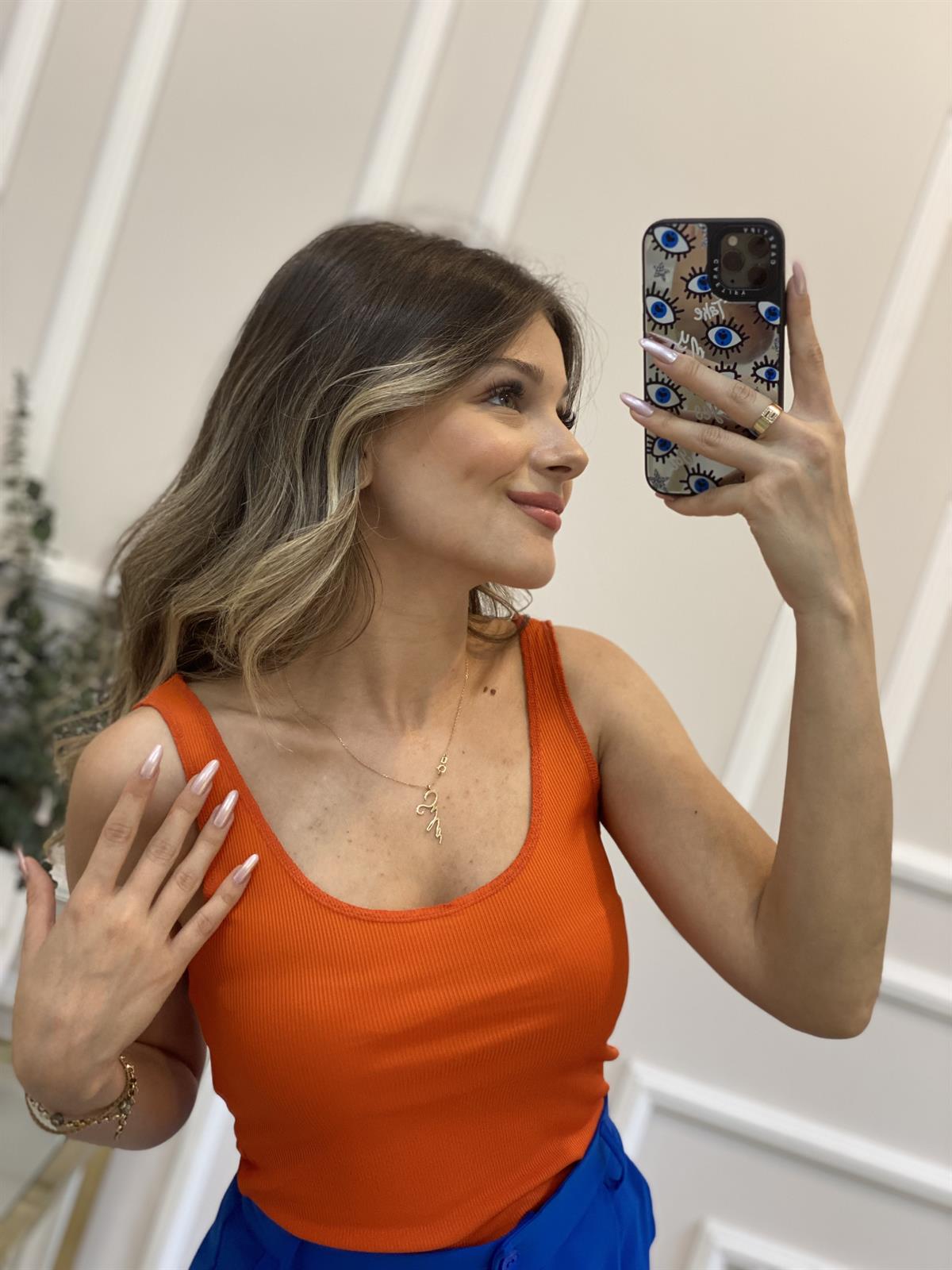 Turuncu Dikişli Askılı Uzun Crop