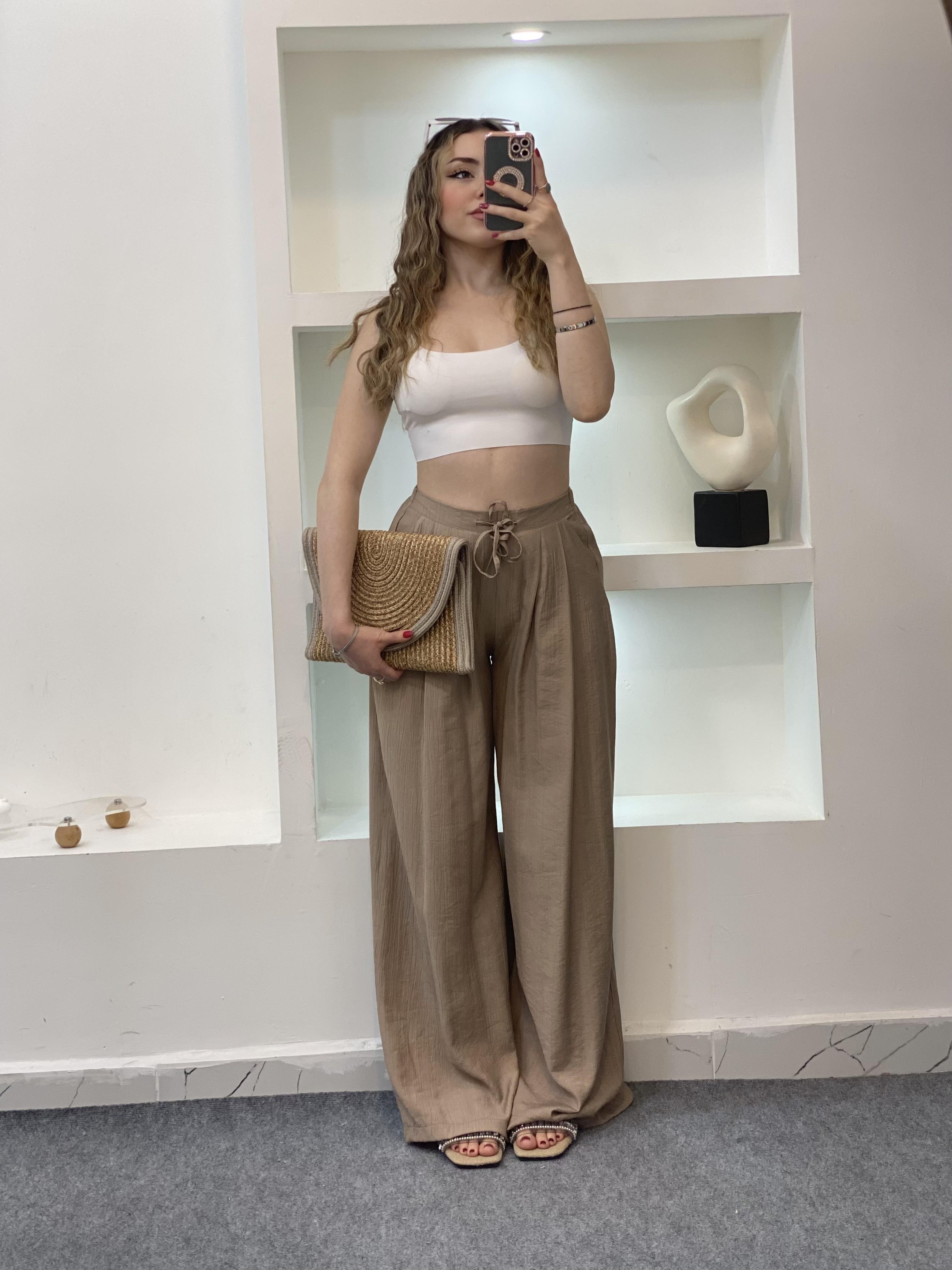 Vizon Renk Lüx Kalite Arka Beli Lastikli Palazzo Pantolon 