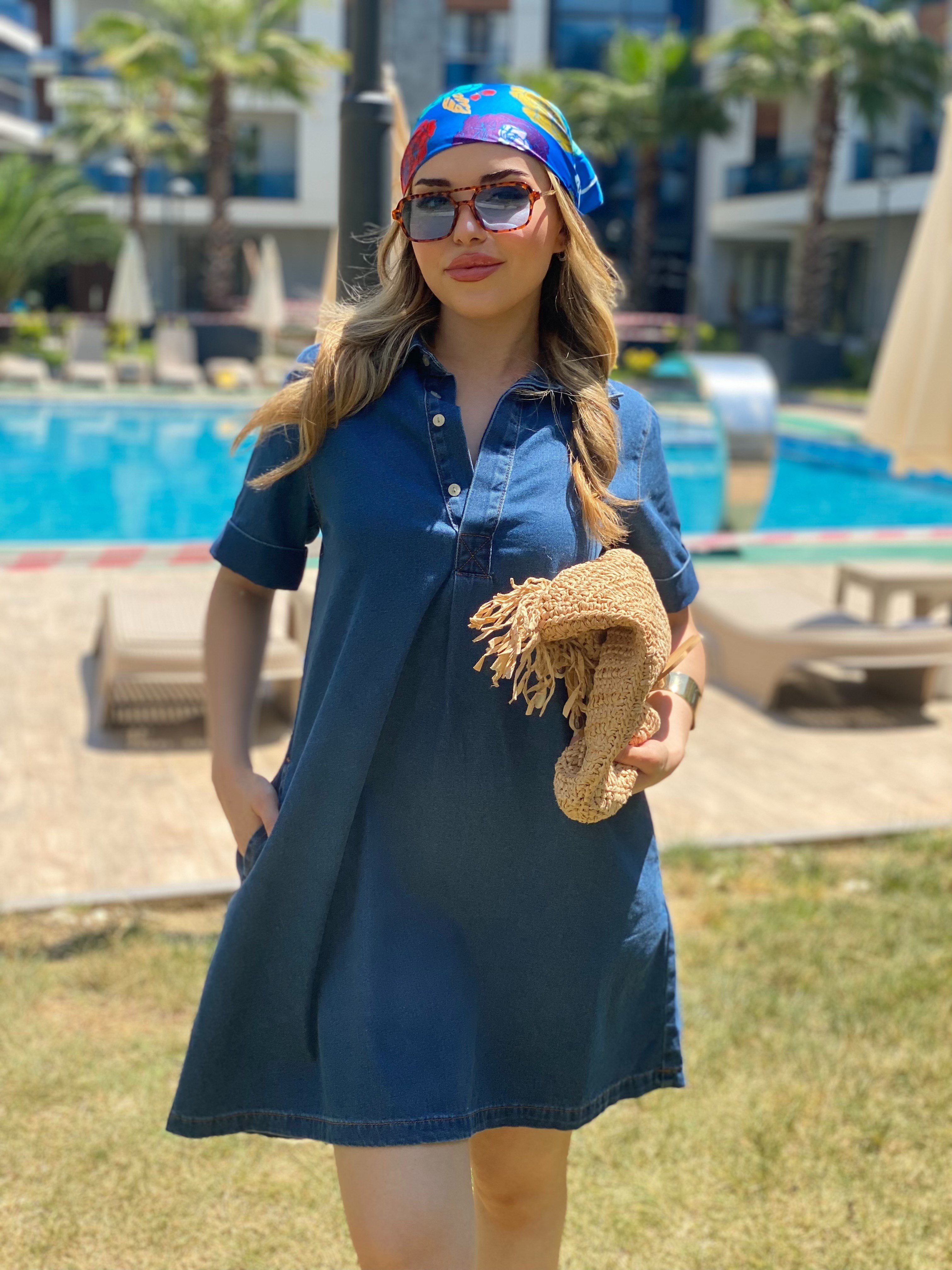 Yaka Düğmeli Denim Elbise