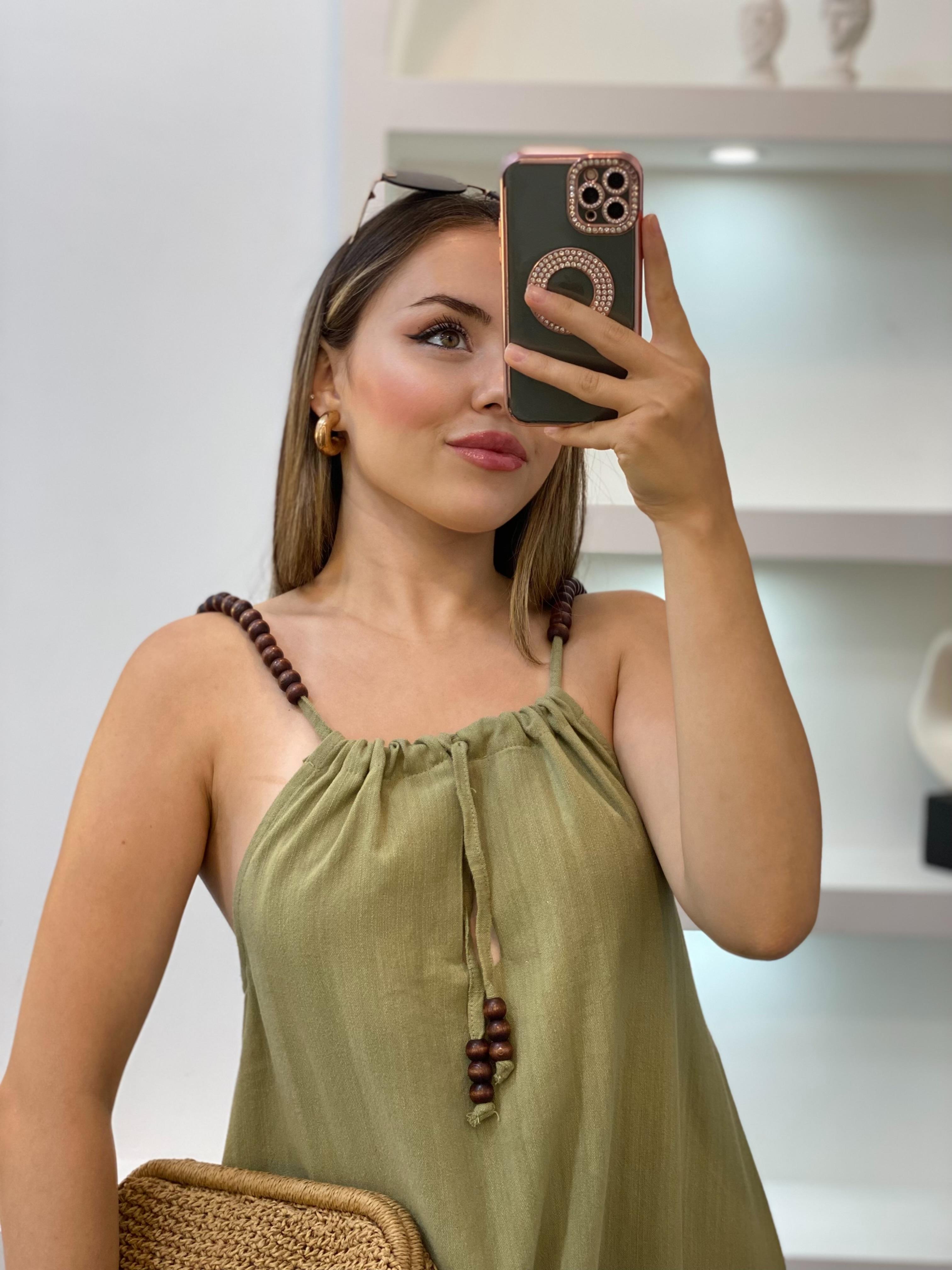 Yeşil Boncuk Askılı Keten Elbise 