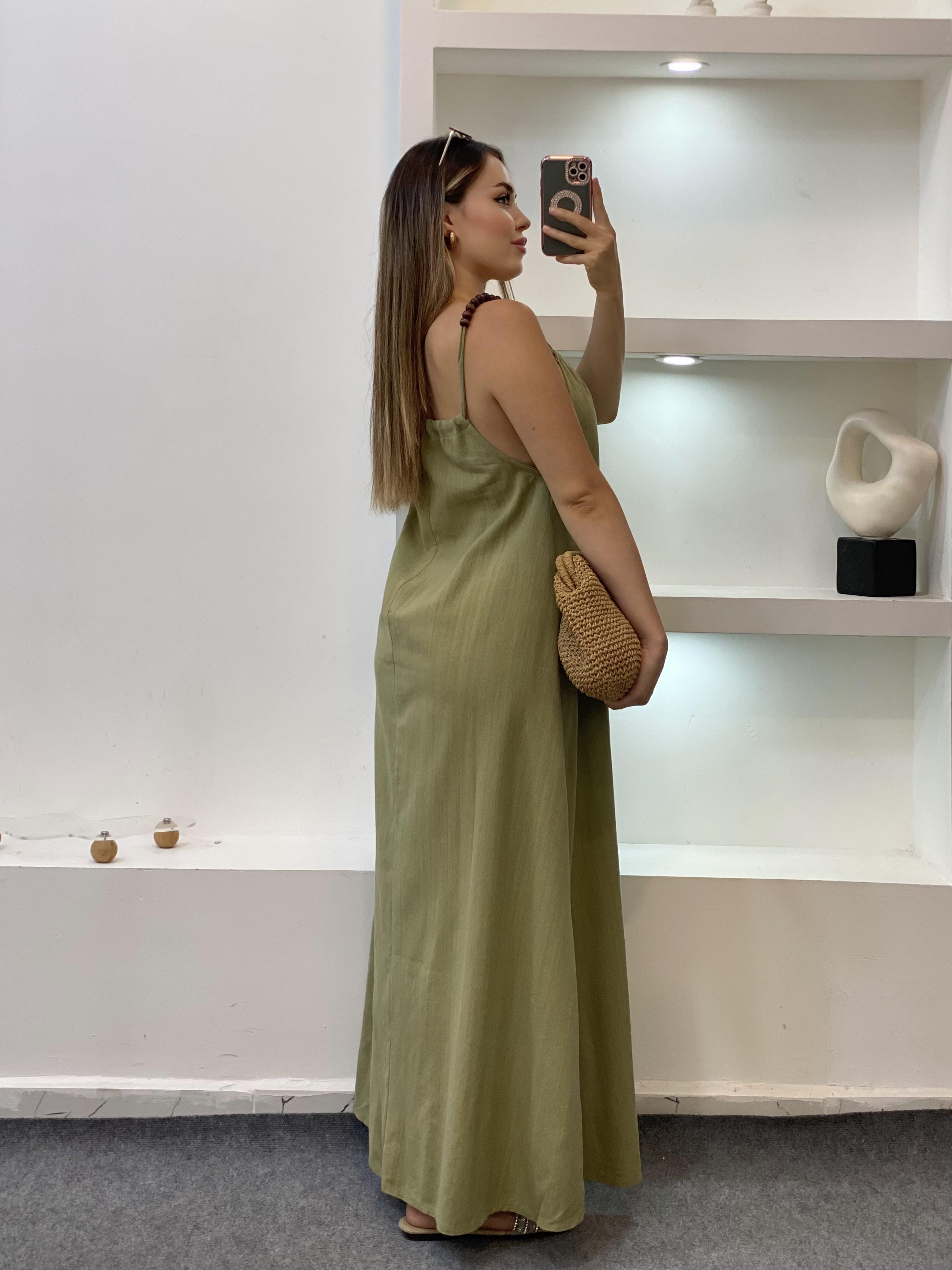Yeşil Boncuk Askılı Keten Elbise 