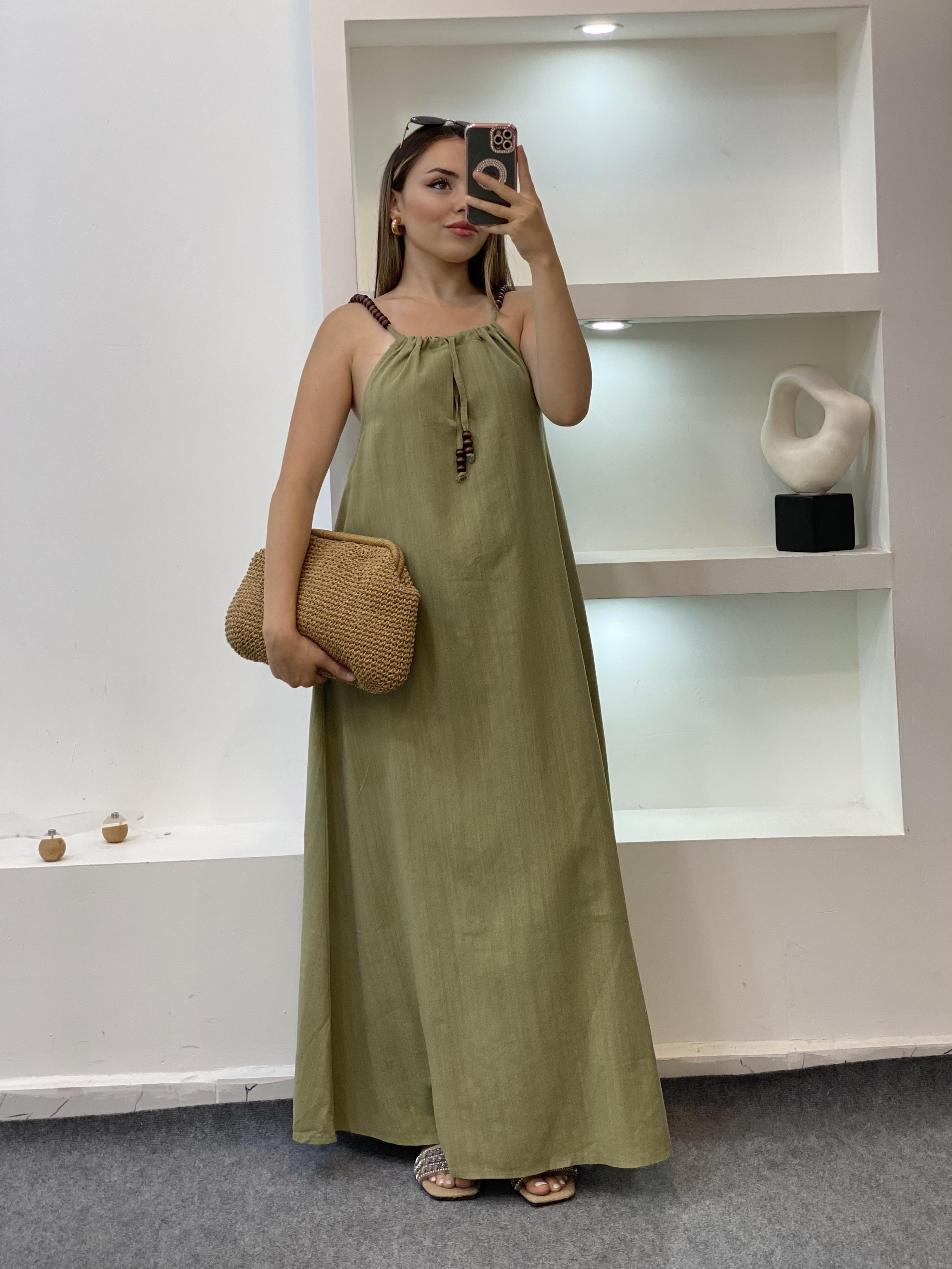 Yeşil Boncuk Askılı Keten Elbise 