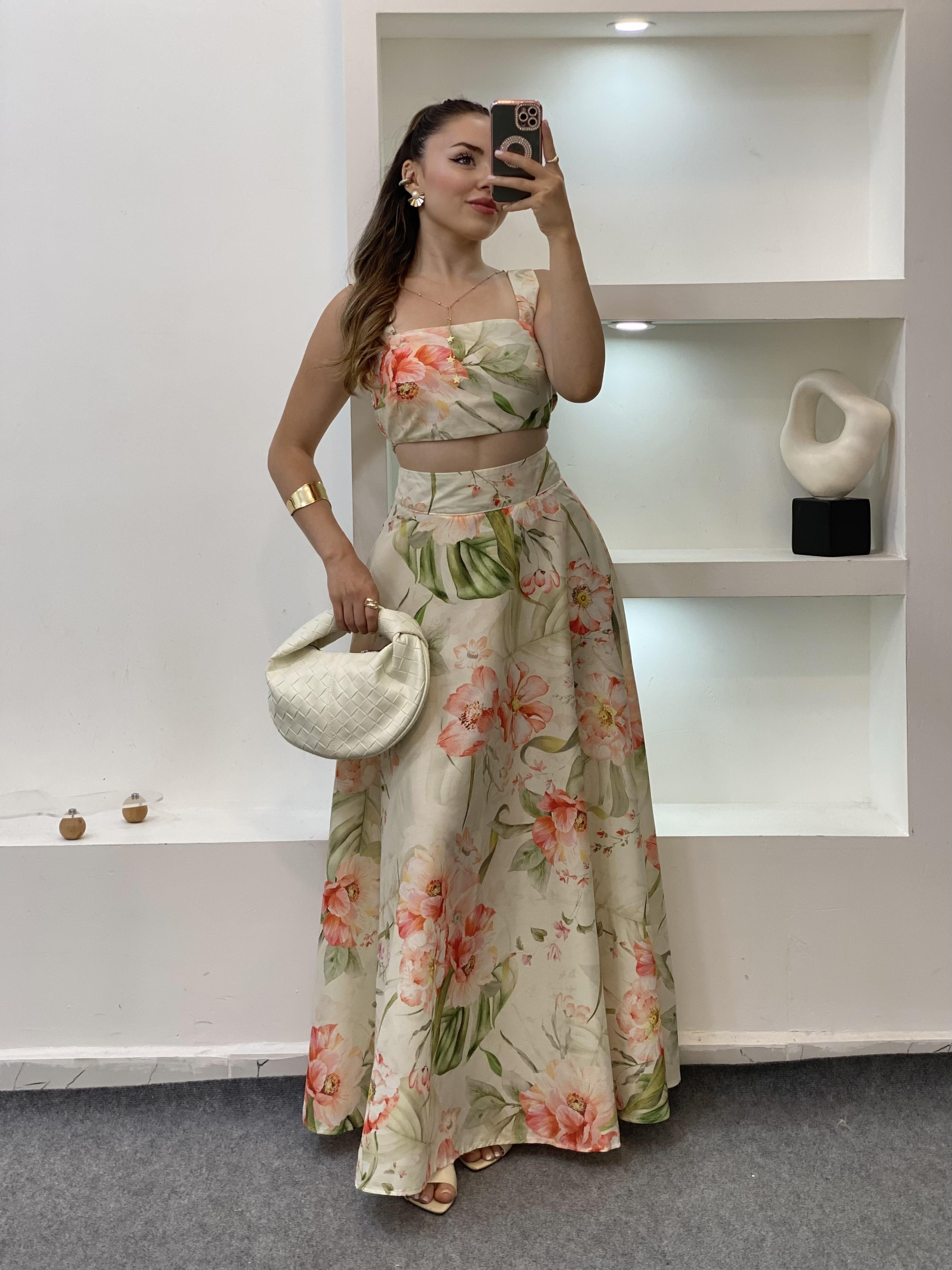 Yeşil Desenli Premium Kalite Crop Bluz Etek Takım