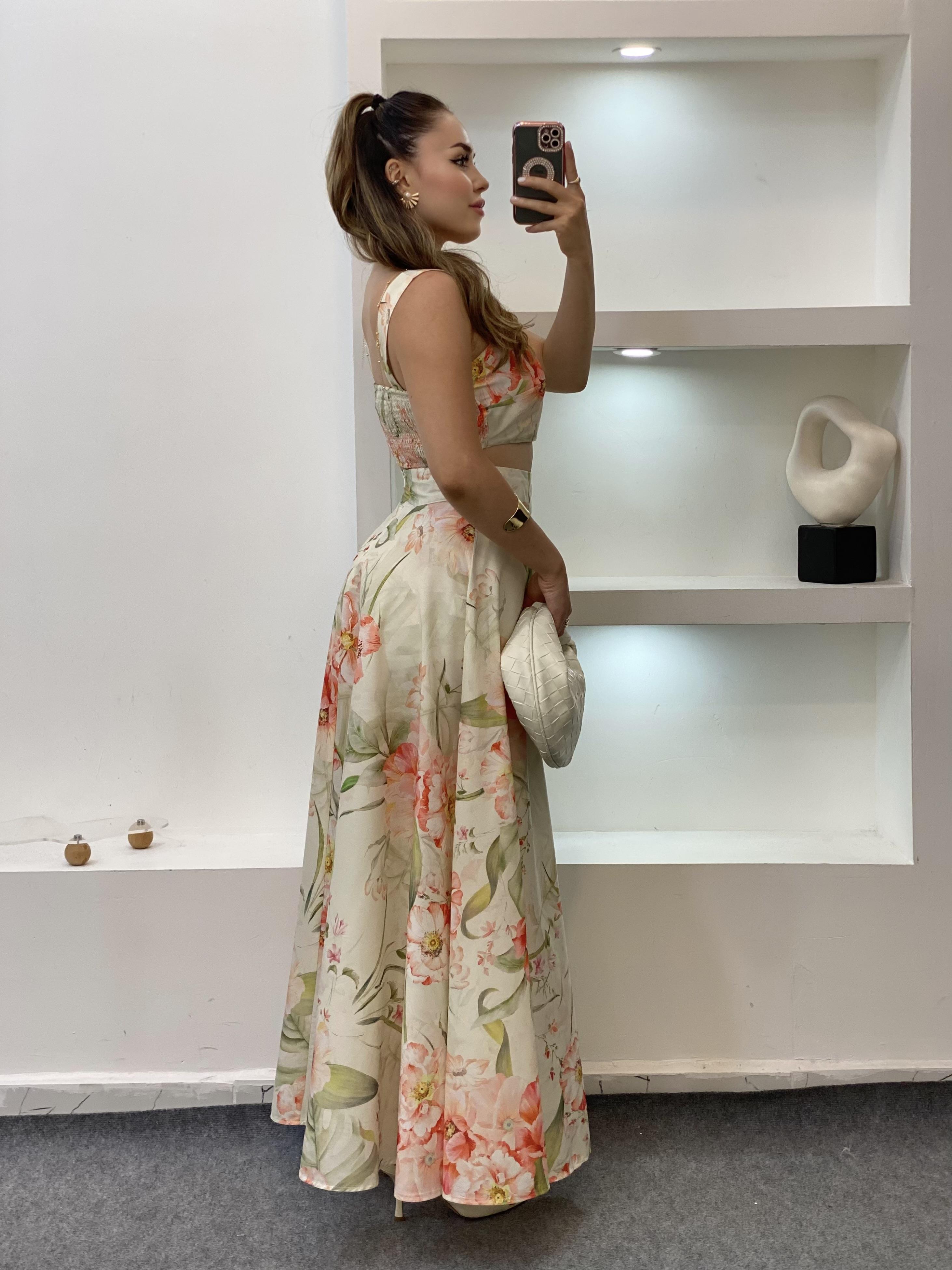 Yeşil Desenli Premium Kalite Crop Bluz Etek Takım