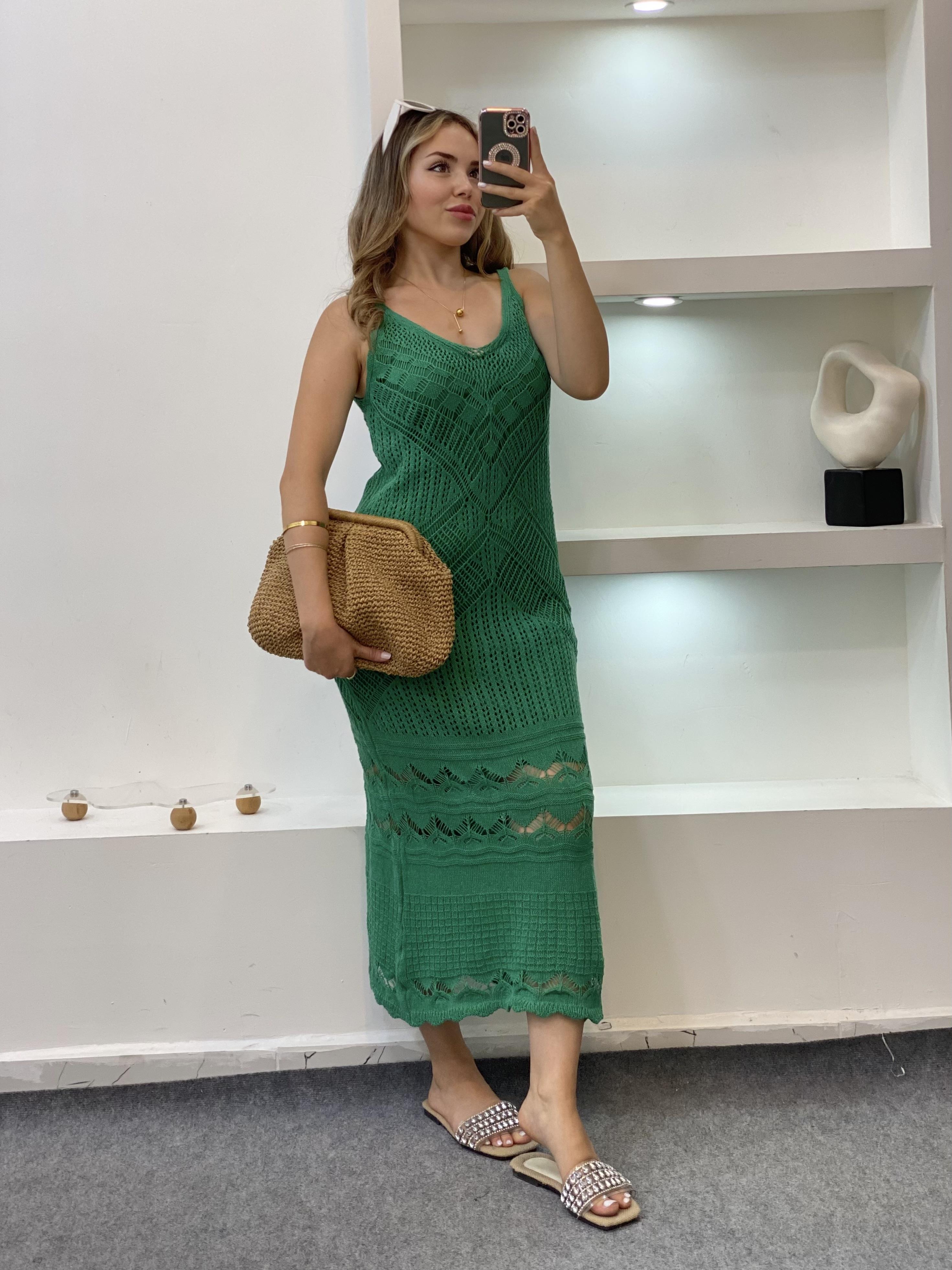 Yeşil Desenli Triko Elbise