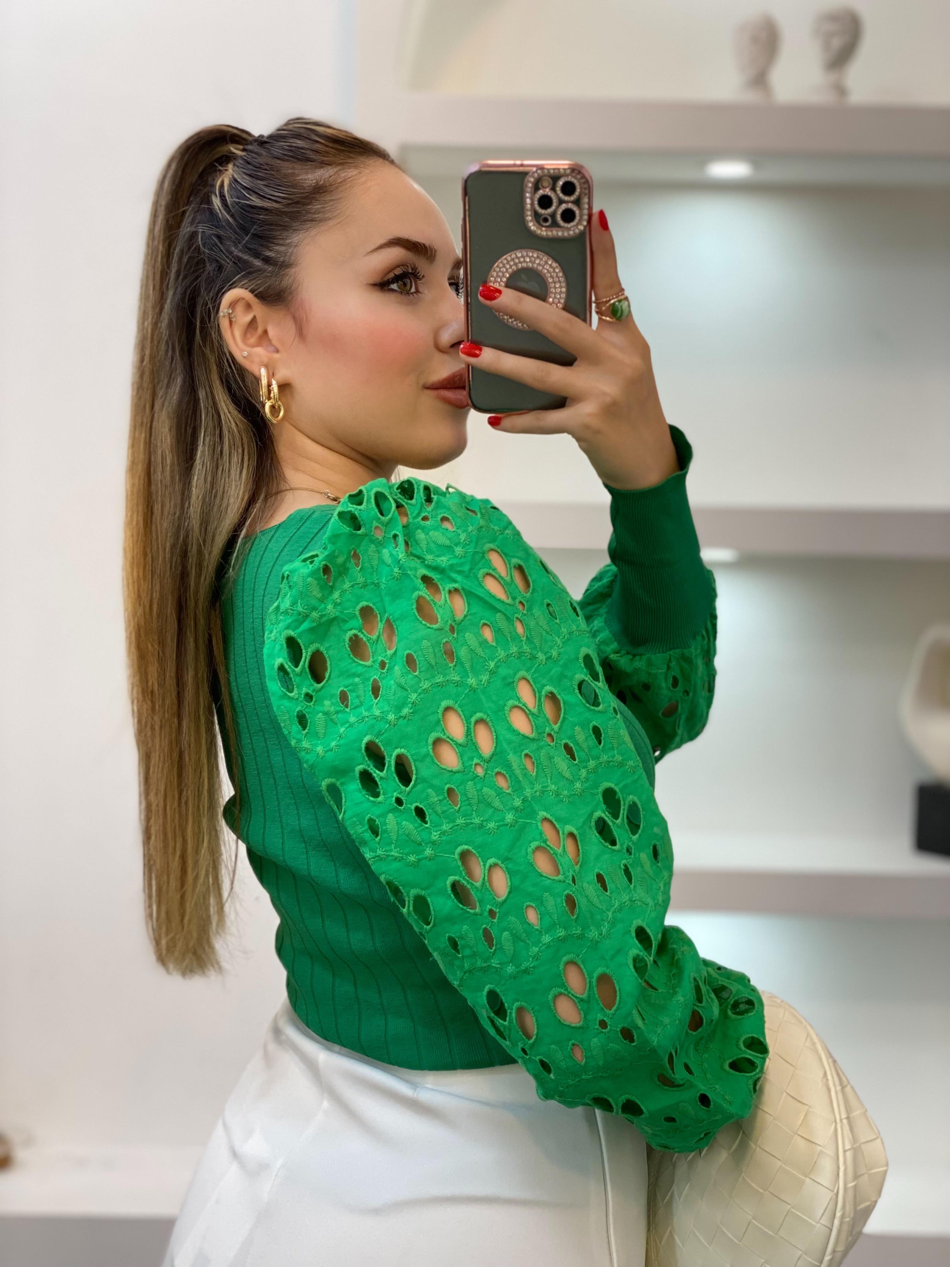 Yeşil Fisto Kollu Triko Bluz