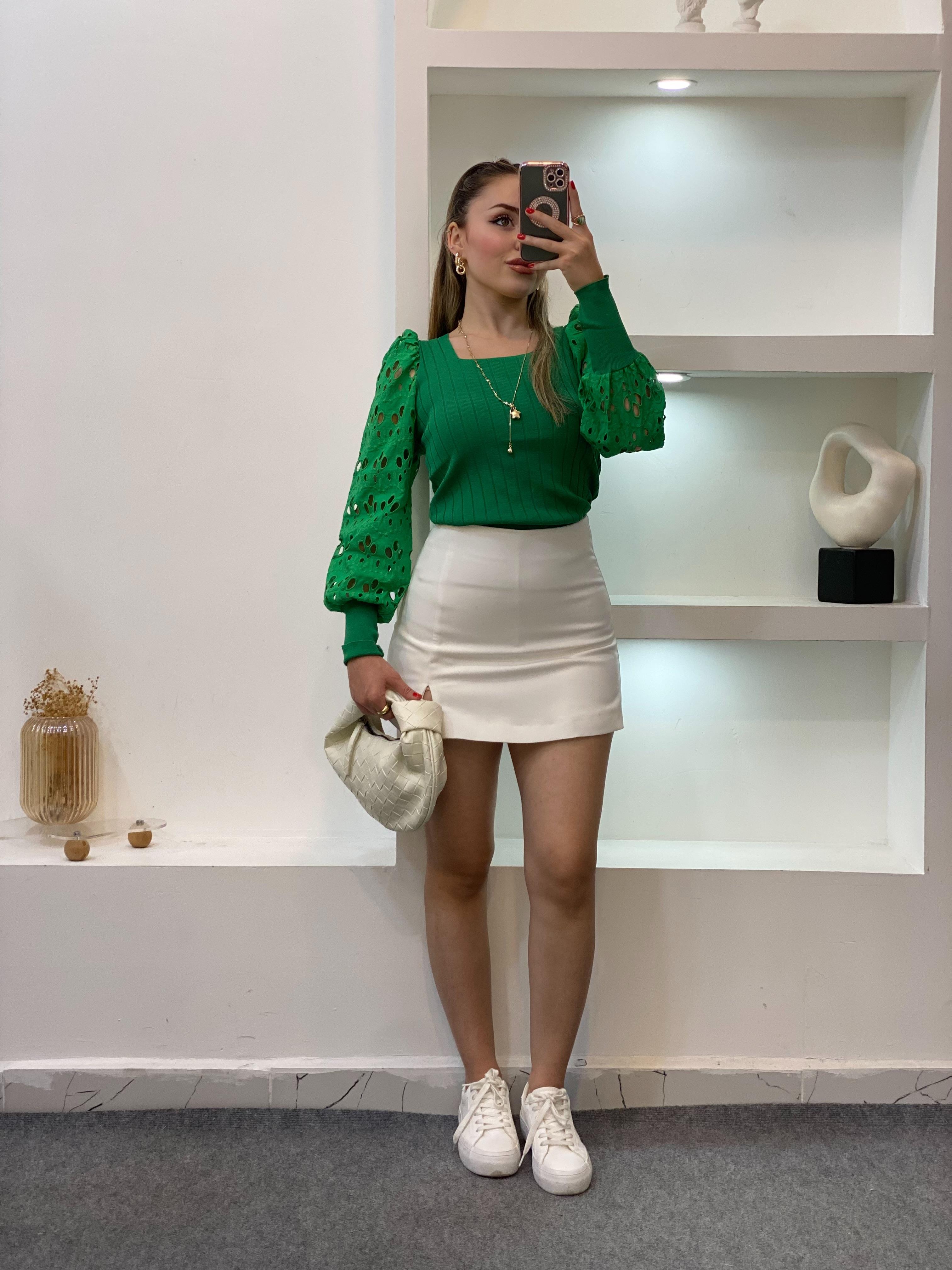 Yeşil Fisto Kollu Triko Bluz
