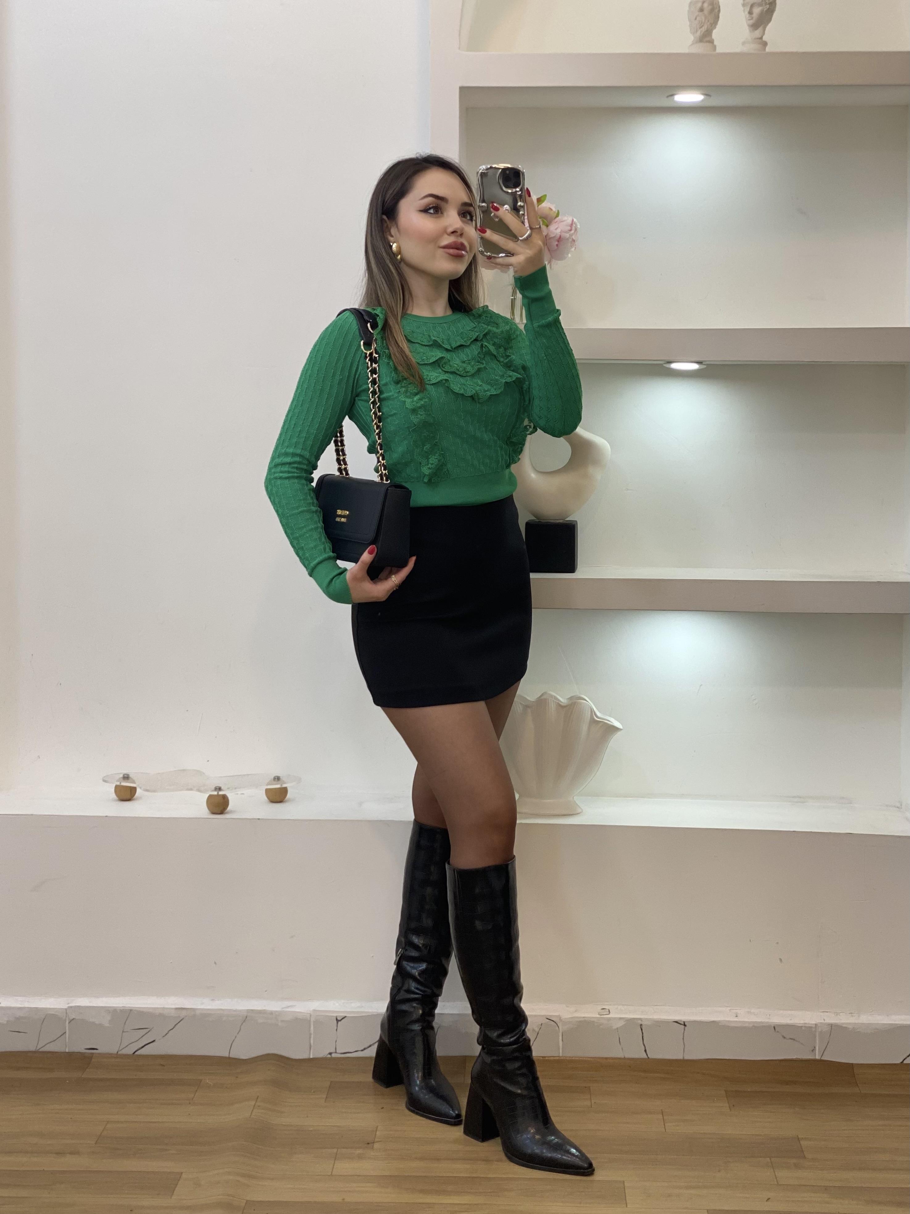 Yeşil Güpürlü Model Triko Bluz