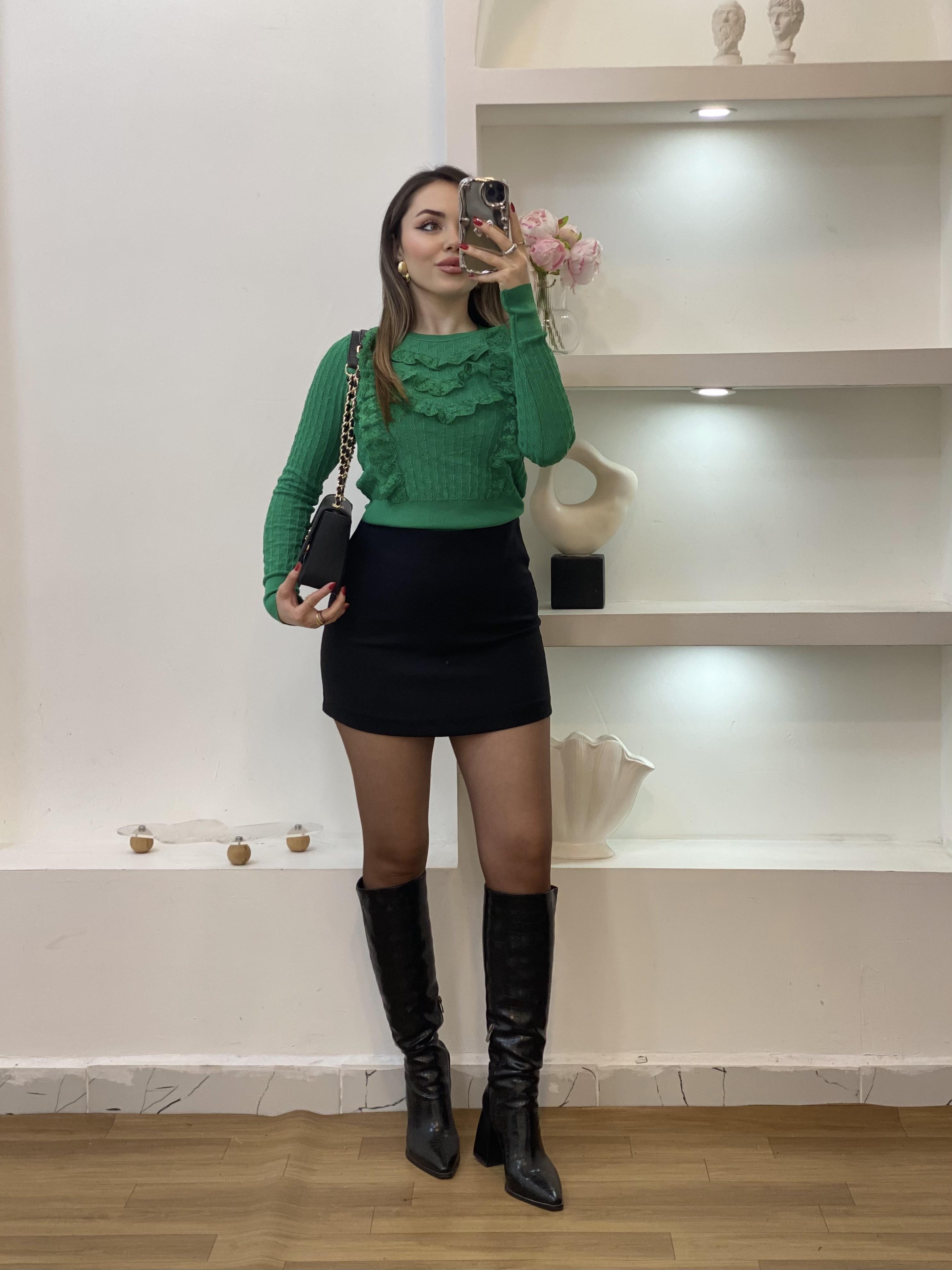 Yeşil Güpürlü Model Triko Bluz