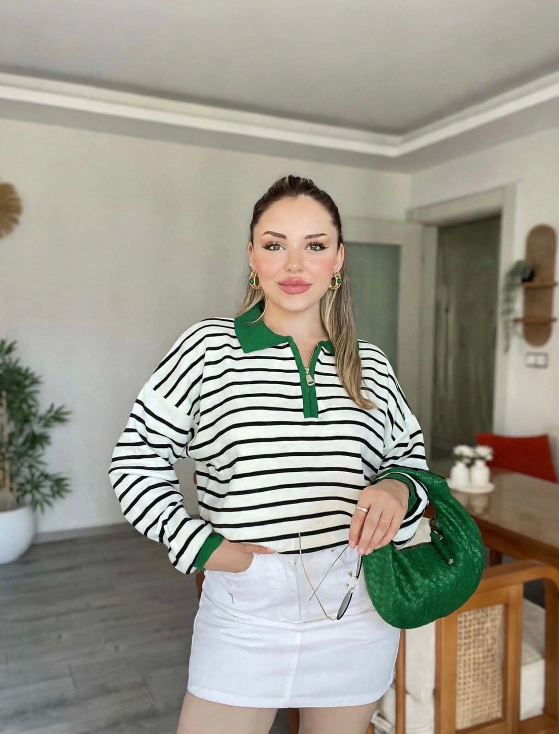 Yeşil Siyah Çizgili Polo Yaka Triko 