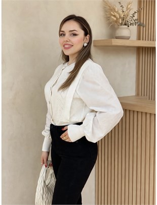  Beyaz Sedef Düğmeli Kolları Poplin Elit Triko Hırka 