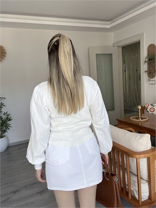  Beyaz Sedef Düğmeli Kolları Poplin Elit Triko Hırka 