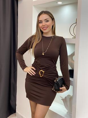  Kahve Gold Broş Detaylı Elbise