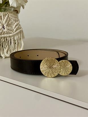 Acı Kahve Gold Yuvarlak Tokalı Deri Kemer