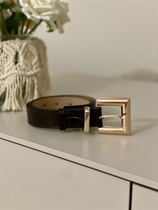 Acı Kahve Kare Gold Tokalı Deri Kemer