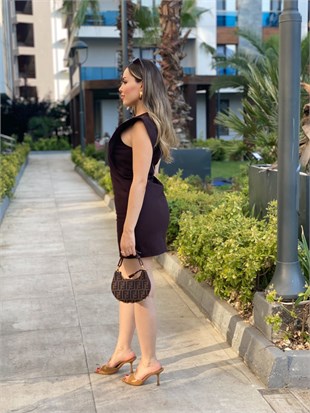 Acı Kahve Kolları Volanlı Jean Elbise 