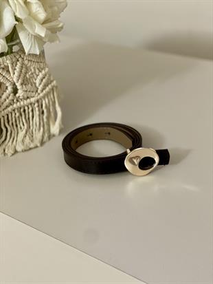 Acı Kahve Oval Gold Tokalı İnce Deri Kemer