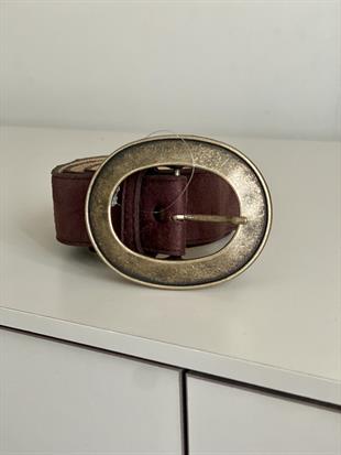 Acı Kahve Oval Gold Tokalı Süet Kemer