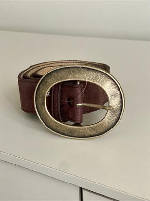 Acı Kahve Oval Gold Tokalı Süet Kemer