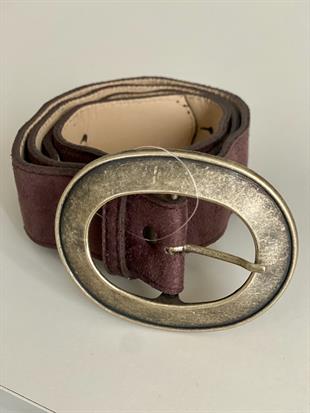 Acı Kahve Oval Gold Tokalı Süet Kemer
