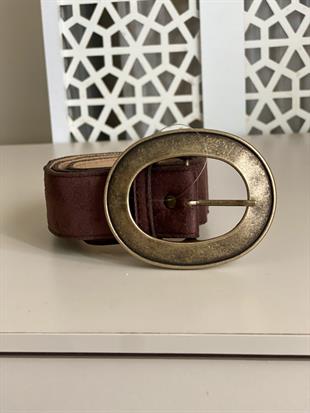 Acı Kahve Oval Gold Tokalı Süet Kemer