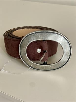 Acı Kahve Oval Gümüş Tokalı Süet Kemer