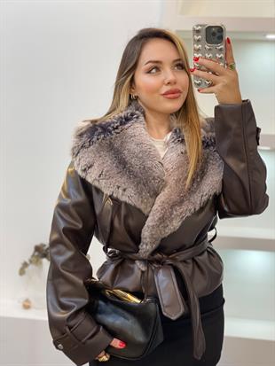 Acı Kahve Premium Kürk Yaka Deri Ceket