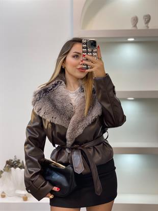 Acı Kahve Premium Kürk Yaka Deri Ceket
