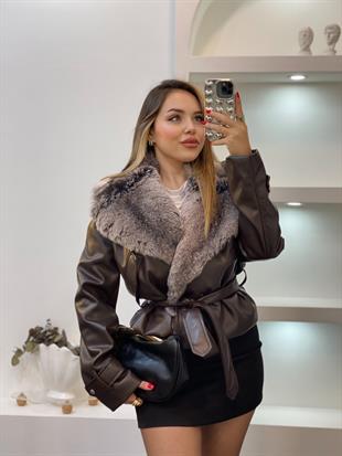 Acı Kahve Premium Kürk Yaka Deri Ceket