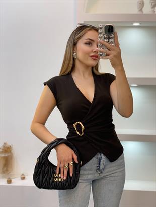 Acı Kahve Q Marka Gold Broşlu Bluz