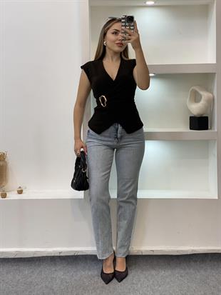 Acı Kahve Q Marka Gold Broşlu Bluz