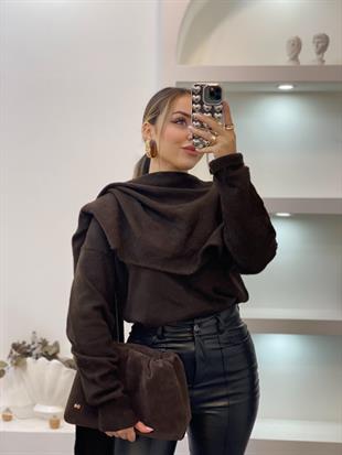 Acı Kahve Şal Detaylı Premium Kalite Kazak