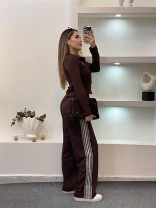 Acı Kahve Şeritli Likralı Eşofman Takım
