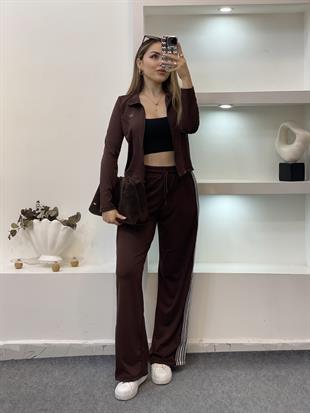 Acı Kahve Şeritli Likralı Eşofman Takım