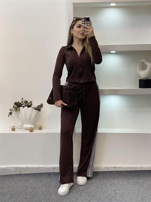 Acı Kahve Şeritli Likralı Eşofman Takım