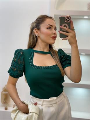 Acı Yeşil Fisto Kol Önü Pencereli Model Triko