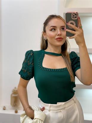 Acı Yeşil Fisto Kol Önü Pencereli Model Triko