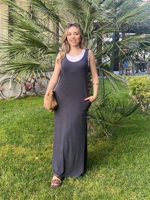 Antrasit 2li Yırtmaçlı Penye Kumaş Likralı Elbise 
