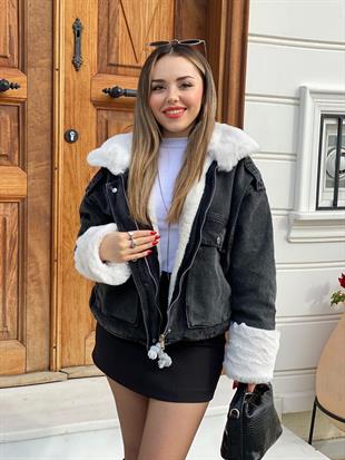 Antrasit Beyaz İçi Full Kürklü Kot Mont