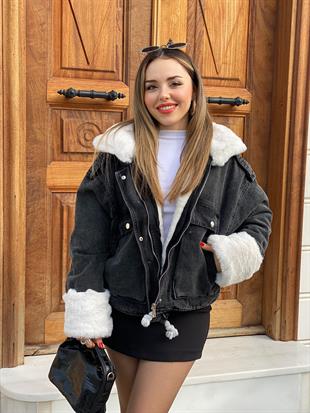 Antrasit Beyaz İçi Full Kürklü Kot Mont