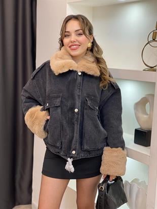 Antrasit İçi Full Kürklü Kot Mont